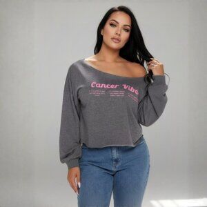 Fashion Nova ✦ Cancer Vibes Off Shoulder Top ✦ Charcoal Pink Graphic Long Sleeve